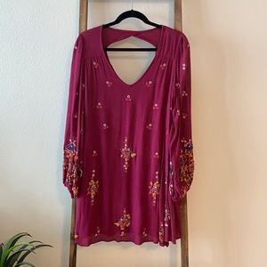 Long Sleeved Embroidered Free People Shift Dress